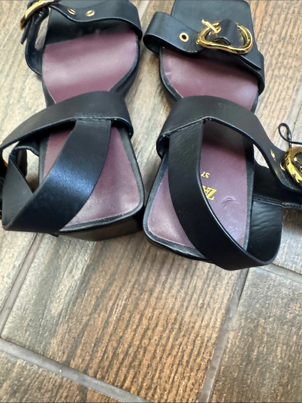 Zara Black Leather Square-Toe Slide Sandals with Gold Buckles - Picture 6 of 6